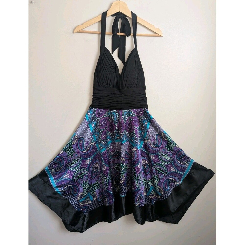 Vintage 90s Y2K Halter Dress Black Purple Satin Asymmetric Fairy Whimsigoth 14